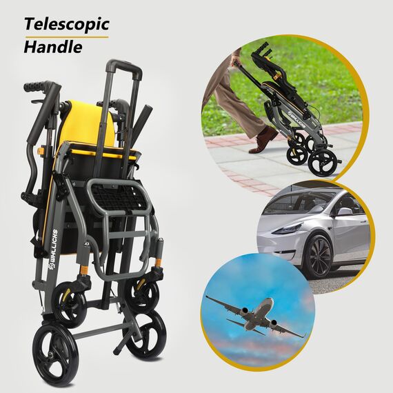 Rollstuhl Faltbar Leicht 8,8kg mit Teleskopgriff, Reiserollstuhl Ultraleicht Faltbar Leichtgewicht, Tragbarer Transportrollstühle mit (Gelb)