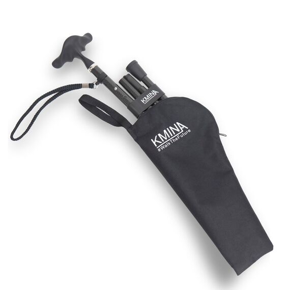 KMINA Gehstock Carbon Schwarz, Spazierstock für Damen und Herren, Leichtgewicht Kohlefaser Stock Höhenverstellbar, Eleganter Faltstock mit Ergonomischem Softgriff - Modell PRO