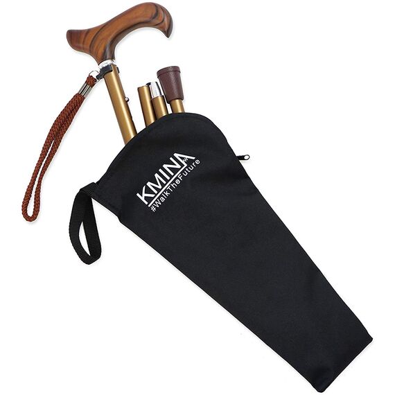 KMINA Gehstock Klappbar mit Holzgriff, Faltbarer Spazierstock für Damen und Herren, Höhenverstellbarer Aluminium Stock Elegant, Leichte Gehhilfe mit Handschlaufe und Tasche - Modell PRO