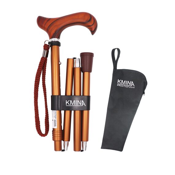 KMINA Gehstock Klappbar mit Holzgriff, Faltbarer Spazierstock für Damen und Herren, Höhenverstellbarer Aluminium Stock Elegant, Leichte Gehhilfe mit Handschlaufe und Tasche - Modell PRO