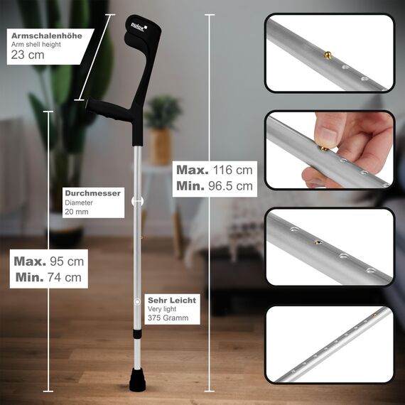 1 Paar Krücken Schwarz Klassiker 140 Kg Unterarmgehstützen von Ossenberg mit Ergo Softgriff Gehhilfen pulox-Design Schwarz