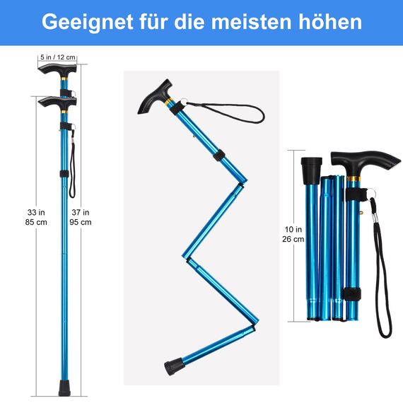 supregear Faltstock, 5-Stufig Höhenverstellbarer Gehstock Leichter Tragbarer Gehstock Reisestock mit Handschlaufe und T-Griff für Altere Behinderte Männer Frauen