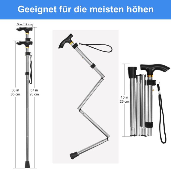 supregear Faltstock, 5-Stufig Höhenverstellbarer Gehstock Leichter Tragbarer Gehstock Reisestock mit Handschlaufe und T-Griff für Altere Behinderte Männer Frauen, Silber