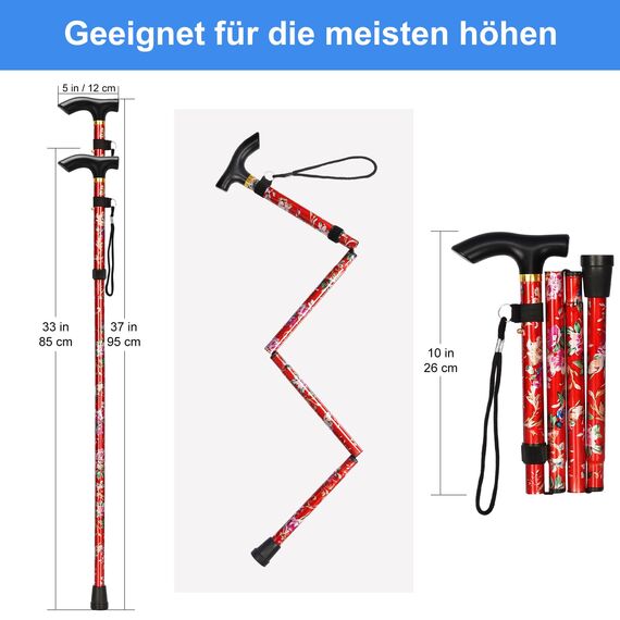 supregear Faltstock, 5-Stufig Höhenverstellbarer Gehstock Leichter Tragbarer Gehstock Reisestock mit Handschlaufe und T-Griff für Altere Behinderte Männer Frauen