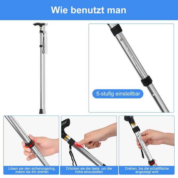 supregear Faltstock, 5-Stufig Höhenverstellbarer Gehstock Leichter Tragbarer Gehstock Reisestock mit Handschlaufe und T-Griff für Altere Behinderte Männer Frauen, Silber