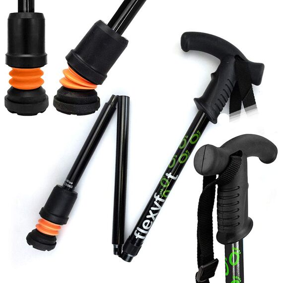 Flexyfoot Shock Absorbing Derby Handle Folding Walking Stick - Black - Improves Safety, Improves Grip, Reduces Shocks & Jarring