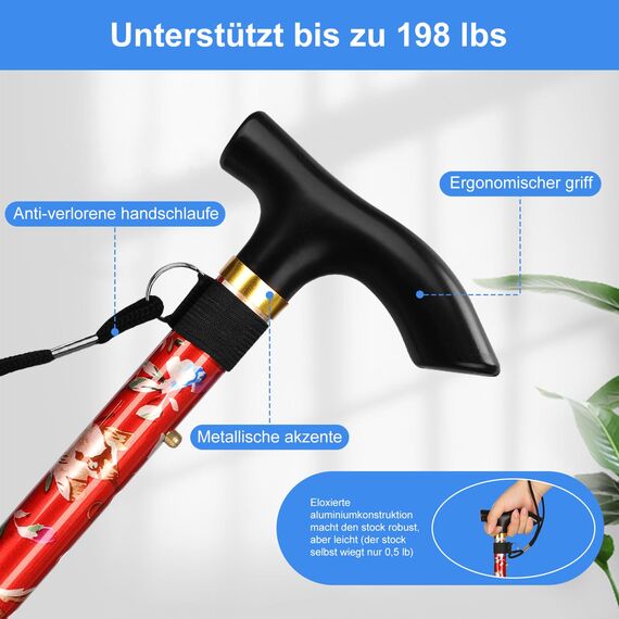 supregear Faltstock, 5-Stufig Höhenverstellbarer Gehstock Leichter Tragbarer Gehstock Reisestock mit Handschlaufe und T-Griff für Altere Behinderte Männer Frauen
