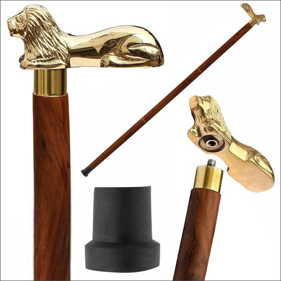 Ajuny Walking Sticks für Männer Frauen Senioren Braun Holz Faltbare dekorative Stöcke mit Lion Messing Griff 36 Zoll