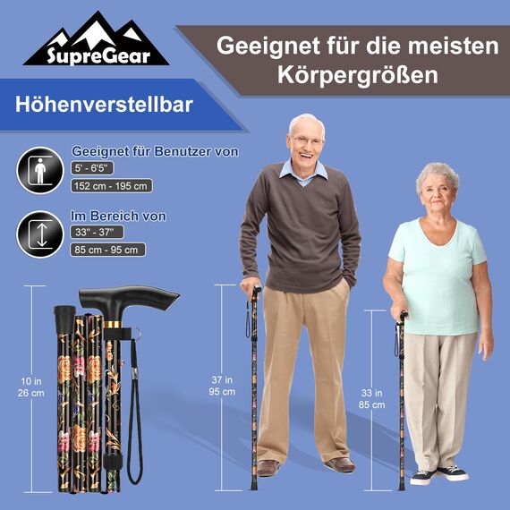 supregear Faltstock, 5-Stufig Höhenverstellbarer Gehstock, Leichter Tragbarer Gehstock Reisestock mit Handschlaufe und T-Griff für Altere Behinderte Männer Frauen, Schwarz Blumen