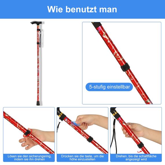 supregear Faltstock, 5-Stufig Höhenverstellbarer Gehstock Leichter Tragbarer Gehstock Reisestock mit Handschlaufe und T-Griff für Altere Behinderte Männer Frauen
