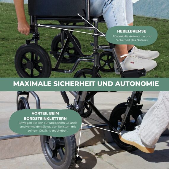 Mobiclinic®, Rollstuhl, Mod. S230, Faltbar und leicht, Sitzfläche 46 cm, Klappbare und abnehmbare Fußstützen, Klappbare und gepolsterte Armlehnen, Kleine Räder, Feststellbremse und Fußbremse