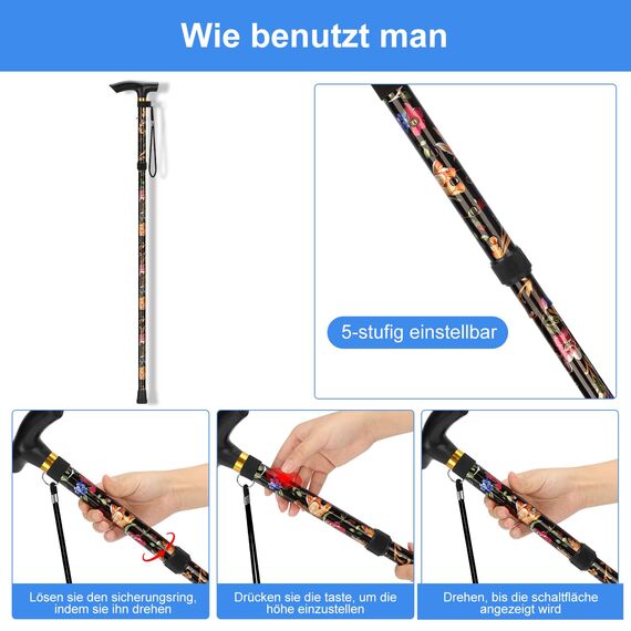 supregear Faltstock, 5-Stufig Höhenverstellbarer Gehstock, Leichter Tragbarer Gehstock Reisestock mit Handschlaufe und T-Griff für Altere Behinderte Männer Frauen, Schwarz Blumen