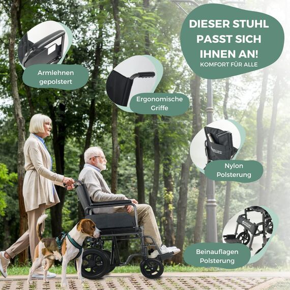 Mobiclinic®, Rollstuhl, Mod. S230, Faltbar und leicht, Sitzfläche 46 cm, Klappbare und abnehmbare Fußstützen, Klappbare und gepolsterte Armlehnen, Kleine Räder, Feststellbremse und Fußbremse