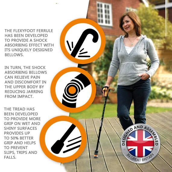 Flexyfoot Shock Absorbing Derby Handle Folding Walking Stick - Black - Improves Safety, Improves Grip, Reduces Shocks & Jarring
