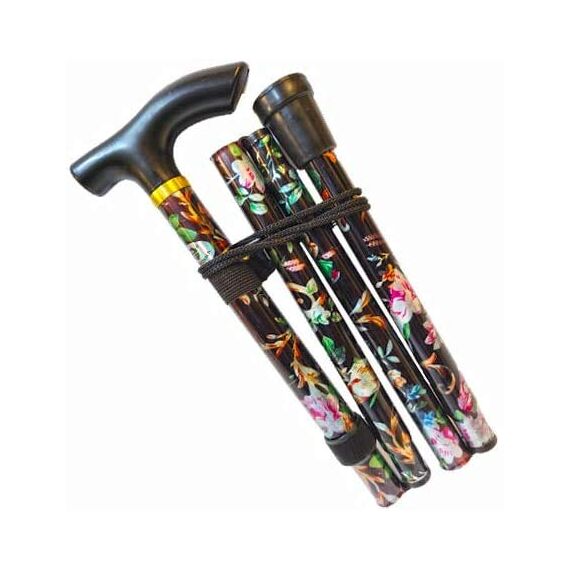 iCatchy Flexibler Gehstock, einfach höhenverstellbar, zusammenklappbar, ausziehbar, Mobilitätshilfe, zusammenklappbar, für Unisex, UKCA-genehmigt (schwarze Blume)