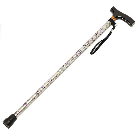 Homecraft Folding Coloured Walking Stick with Wooden Handle, Lightweight Adjustable Walking Cane for Balance, Mobility Aid, Woodland Flowers, 735-825mm