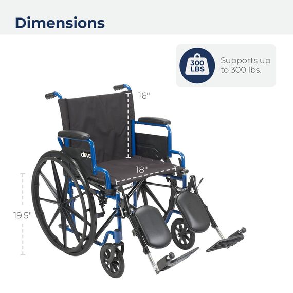 Drive Medical BLS18FBD-ELR Blue Streak Leichter Rollstuhl mit wegschwenkbaren Beinstützen und zurückklappbaren Armen