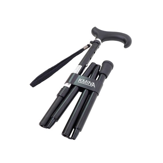 KMINA Gehstock Klappbar, Faltbarer Spazierstock für Damen und Herren, Höhenverstellbarer Aluminium Stock mit Komfortablem T-Griff, Schwarz, Leichte Gehhilfe mit Handschlaufe - Modell PRO