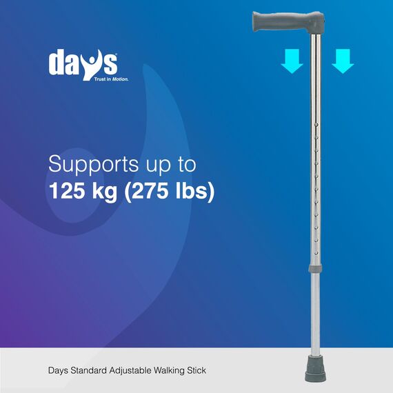 Days Standard Walking Stick, Height Adjustable Walking Aid, Lightweight Aluminium mobility Device for Increased Support and Stability, Non Slip Foot and Comfortable moulded Palstic Handle