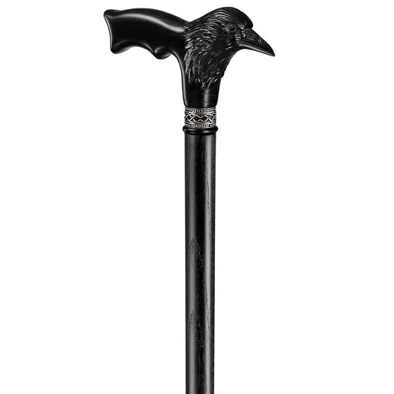 Asterom Handgefertigter Gehstock aus Holz geschnitzt für Damen und Herren - Rabe - Stilvoller Gehstock Gothic Crow Cane (Schwarz)