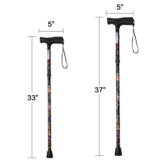 iCatchy Flexibler Gehstock, einfach höhenverstellbar, zusammenklappbar, ausziehbar, Mobilitätshilfe, zusammenklappbar, für Unisex, UKCA-genehmigt (schwarze Blume)