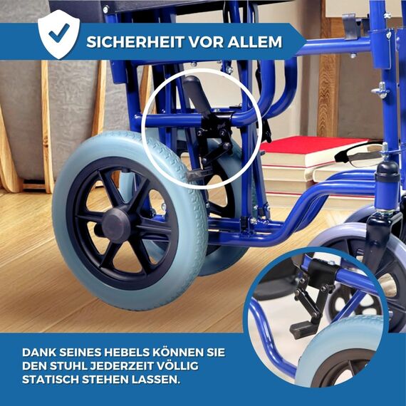 Mobiclinic®, Faltbarer rollstuhl, Maestranza, Feststellbremsen, 45 cm sitzhöhe, Abnehmbare fußstützen, Abklappbare und gepolsterte armlehnen, Kleine räder, Robust, Blau