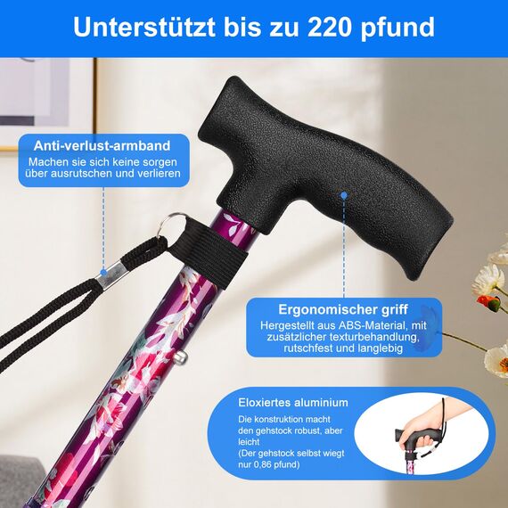 supregear Gehstock für Männer und Frauen – Verstellbar Faltstock, Leicht, Selbststehender, Antirutsch Gehstock mit T-Griff und Anti-Lost Wrist Strap für Senioren und Erwachsene