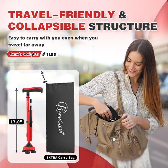 BeneCane Gehstock für Männer & Frauen Klappbar Einstellbar leicht stabil zusammenklappbare Heavy Duty mit weichen TPR T-Griff und Reisetasche Rot