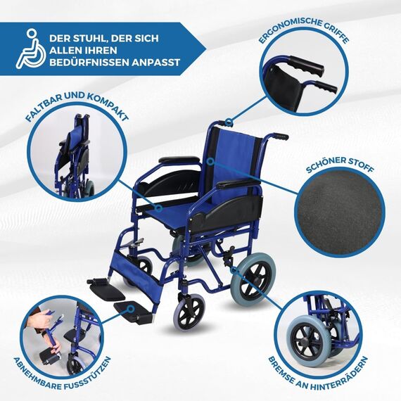 Mobiclinic®, Faltbarer rollstuhl, Maestranza, Feststellbremsen, 45 cm sitzhöhe, Abnehmbare fußstützen, Abklappbare und gepolsterte armlehnen, Kleine räder, Robust, Blau