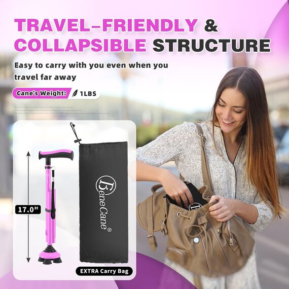 BeneCane Gehstock für Männer & Frauen Klappbar Einstellbar leicht stabil zusammenklappbare Heavy Duty mit weichen TPR T-Griff und Reisetasche