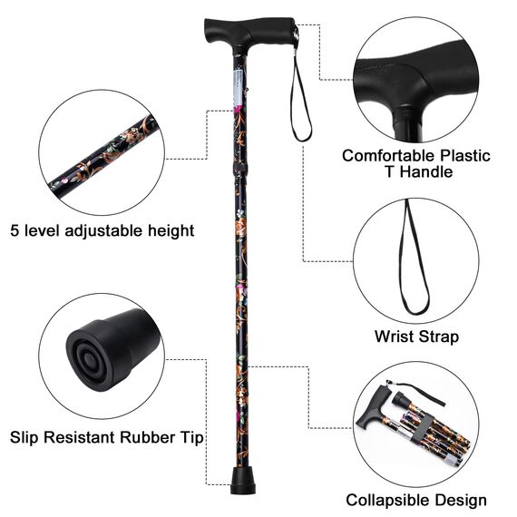 iCatchy Flexibler Gehstock, einfach höhenverstellbar, zusammenklappbar, ausziehbar, Mobilitätshilfe, zusammenklappbar, für Unisex, UKCA-genehmigt (schwarze Blume)