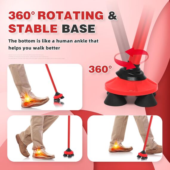 BeneCane Gehstock für Männer & Frauen Klappbar Einstellbar leicht stabil zusammenklappbare Heavy Duty mit weichen TPR T-Griff und Reisetasche Rot