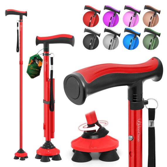 BeneCane Gehstock für Männer & Frauen Klappbar Einstellbar leicht stabil zusammenklappbare Heavy Duty mit weichen TPR T-Griff und Reisetasche Rot