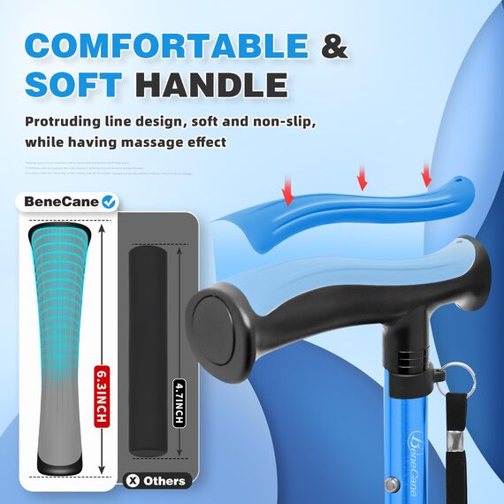 BeneCane Gehstock für Männer & Frauen Klappbar Einstellbar leicht stabil zusammenklappbare Heavy Duty mit weichen TPR T-Griff und Reisetasche Blau
