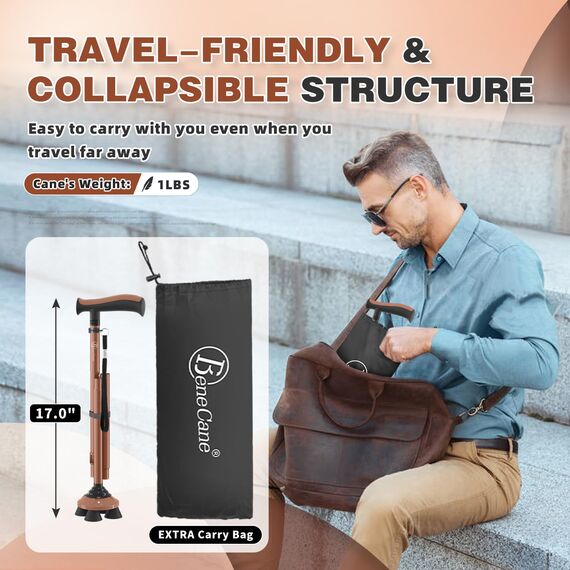 BeneCane Gehstock für Männer & Frauen Klappbar Einstellbar leicht stabil zusammenklappbare Heavy Duty mit weichen TPR T-Griff und Reisetasche