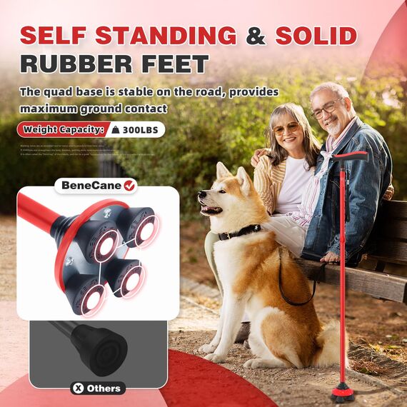 BeneCane Gehstock für Männer & Frauen Klappbar Einstellbar leicht stabil zusammenklappbare Heavy Duty mit weichen TPR T-Griff und Reisetasche Rot