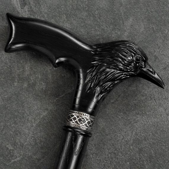 Asterom Handgefertigter Gehstock aus Holz geschnitzt für Damen und Herren - Rabe - Stilvoller Gehstock Gothic Crow Cane (Schwarz)