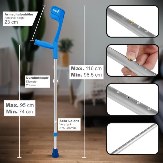 Krücke Blau Klassiker 140 Kg Unterarmgehstütze von Ossenberg mit Ergo Softgriff Gehhilfe Pulox-Design