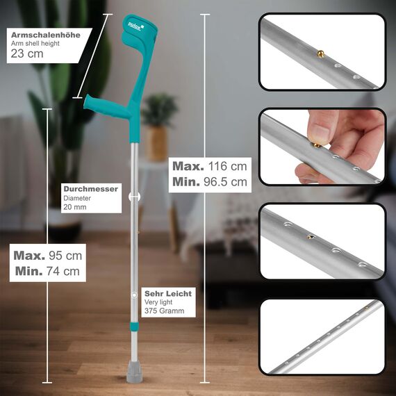 Krücke Türkis Klassiker 140 Kg Unterarmgehstütze von Ossenberg mit Ergo Softgriff Gehhilfe Pulox-Design