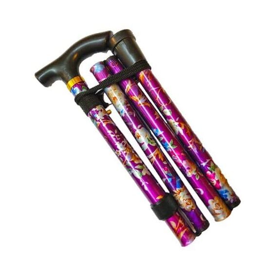 iCatchy Flexibler Gehstock, einfach höhenverstellbar, zusammenklappbar, ausziehbar, Mobilitätshilfe, zusammenklappbar, für Unisex, UKCA-genehmigt (lila Blume)