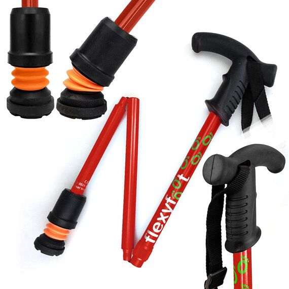 Flexyfoot Shock Absorbing Derby Handle Folding Walking Stick - Red - Improves Safety, Improves Grip, Reduces Shocks & Jarring