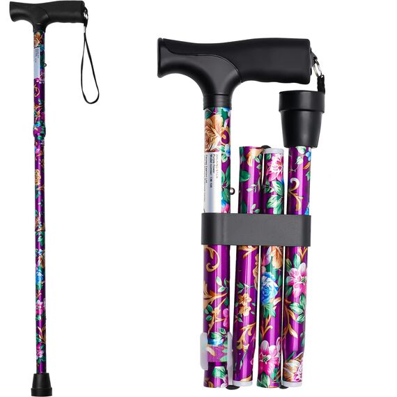 iCatchy Flexibler Gehstock, einfach höhenverstellbar, zusammenklappbar, ausziehbar, Mobilitätshilfe, zusammenklappbar, für Unisex, UKCA-genehmigt (lila Blume)