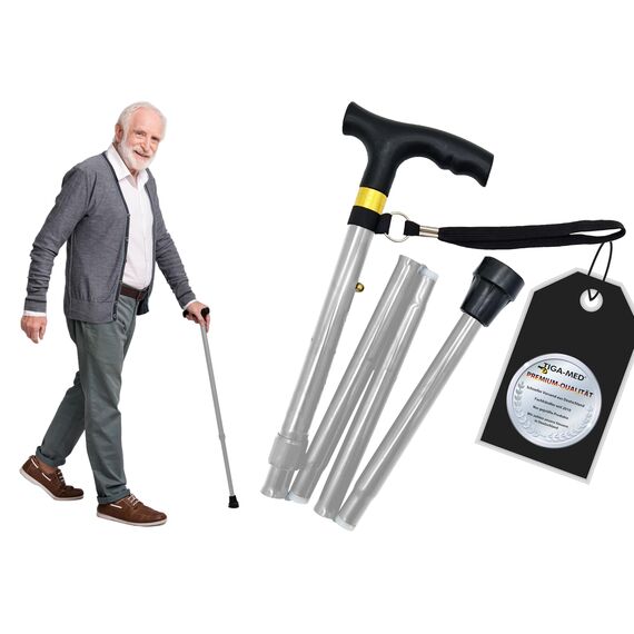 TIGA-MED Gehstock faltbar aus Aluminium – höhenverstellbar 83–92 cm, ergonomischer Griff, Ultraleicht 300 g, Rutschfester Gummifuß, inkl. Etui – Silber