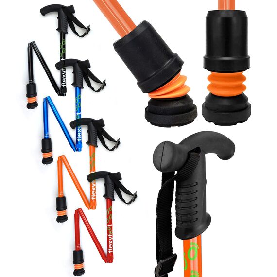 Flexyfoot Shock Absorbing Derby Handle Folding Walking Stick - Orange - Improves Safety, Improves Grip, Reduces Shocks & Jarring