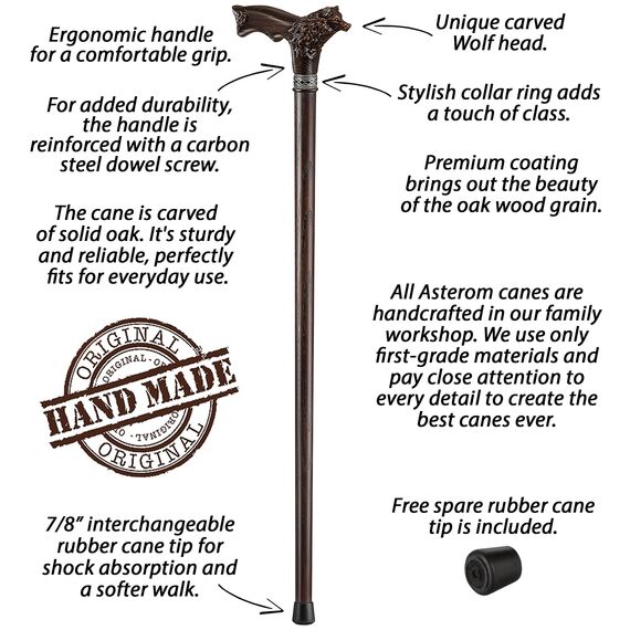 Asterom Walking Cane - Handgefertigter Wolfsstock - Coole Gehstöcke für Männer und Frauen - Holz geschnitzt einzigartig - Gehstöcke für Männer & Senioren (34 Zoll)