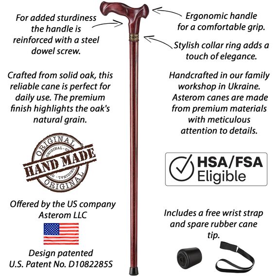 Asterom Ergonomischer handgefertigter Gehstock für Frauen – Holz Gehstock für ältere Frauen – Cooler einzigartiger Holzstock (Kirsche, 91,4 cm)
