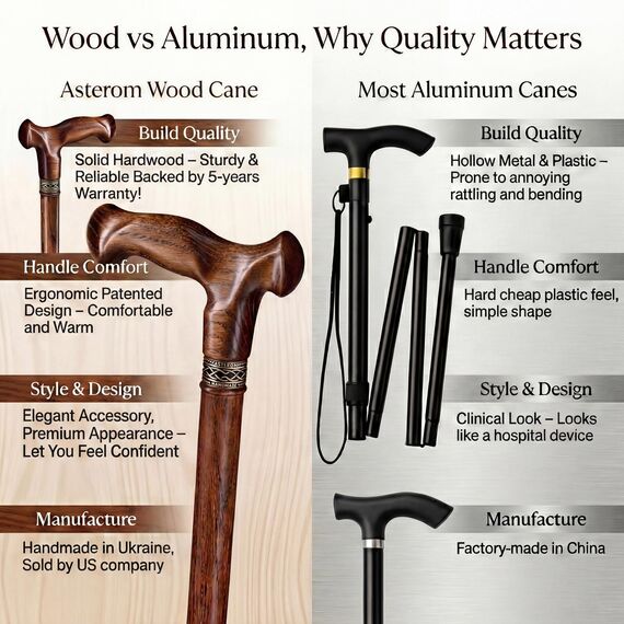 Asterom Gehstock - Handgefertigte Ergonomische Holzstöcke für Männer & Frauen - Einzigartige Holz Gehstöcke für Senioren (Karamell, 39 Zoll)