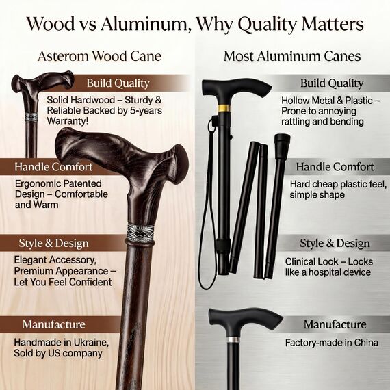 Asterom Walking Cane - Handgefertigte Ergonomische Gehstöcke für Männer - Hölzerne Gehstöcke für Senioren, Einzigartig (Walnuss, 33 Zoll)