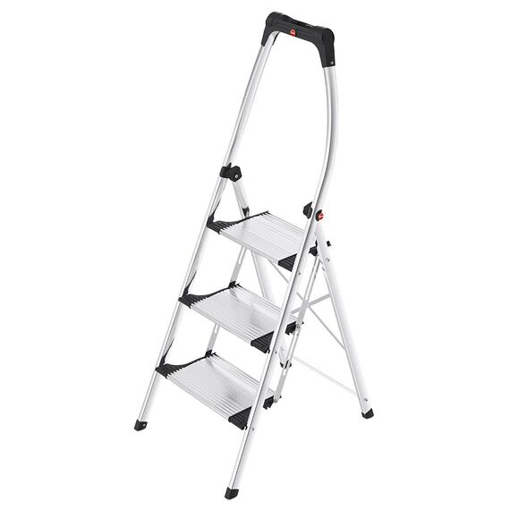 Hailo K100 Topline Alu-Klapptritt-Leiter - 3 extra große Stufen bis 150kg - Komfort-Trittleiter mit hochgeschwungenem Sicherheitsbügel & Ablageschale - Füße mit Soft-Grip-Sohle - rostfrei - Silber