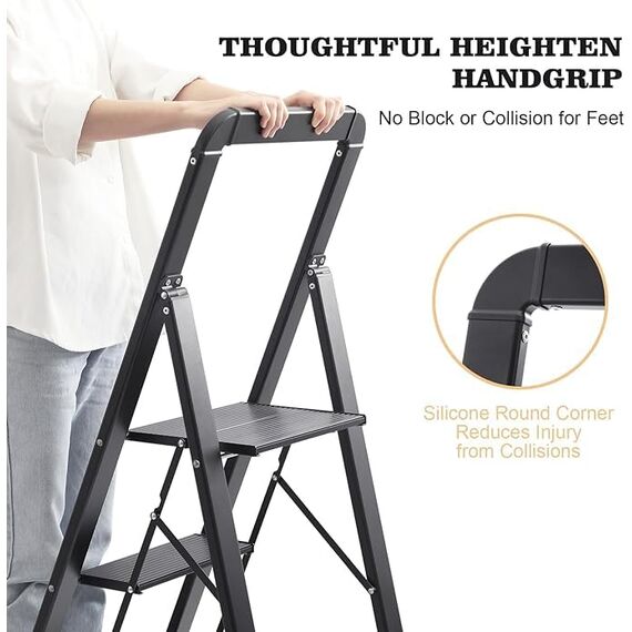 KINGRACK Stufenleiter, 5 Stufen, klappbare Stufenleiter mit Handlauf, rutschfeste Haushaltsleiter mit Klappsicherung, Aluminium Tritthocker, maximale Belastung 150 kg - Schwarz